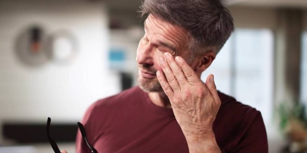 Mna living with keratoconus rubbing his eyes