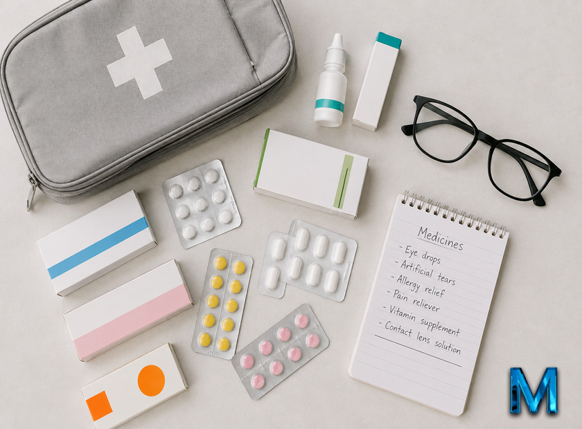 Medicine cabinet contents that affect the eyes: eye drops, unbranded tablet packs, glasses and a handwritten medicines list